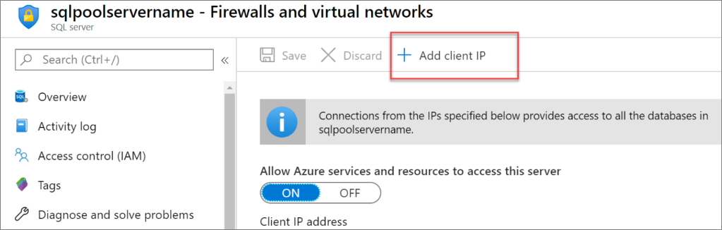 Een schermopname van de Azure Portal. Serverfirewallregel via de knop IP van client toevoegen.