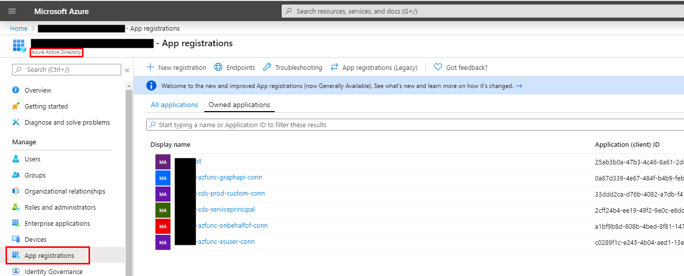 Pagina voor Microsoft Entra ID-registraties in de Azure Portal.