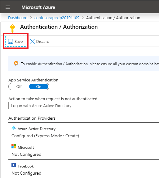 De knop Opslaan gemarkeerd op het tabblad Verificatie/autorisatie voor een functie-app in de Azure-portal.