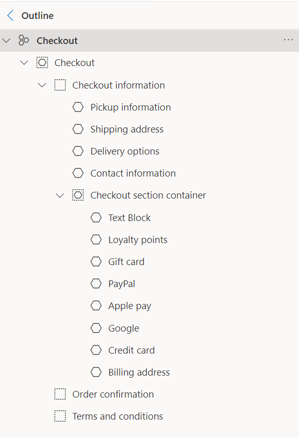 The common checkout module setup tree view in site builder
