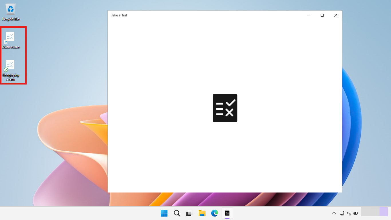 Windows 11 SE desktop showing two shortcuts to assessment URLs.