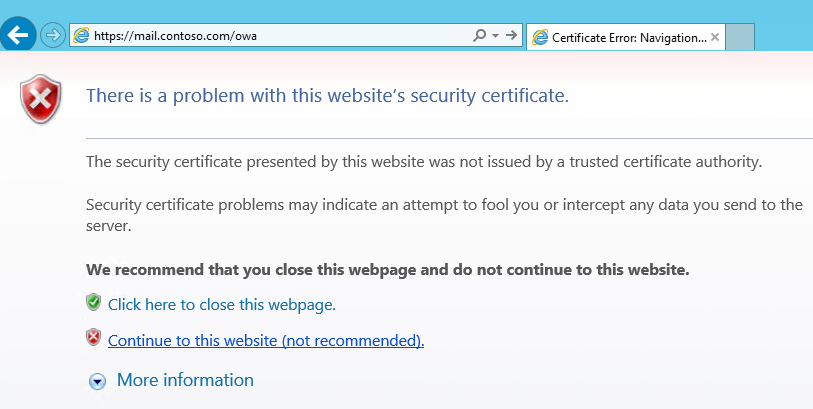 Schermafbeelding van de waarschuwingspagina voor het certificaat.