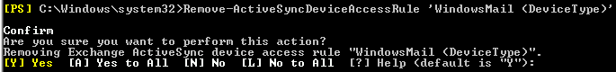 Schermopname van een voorbeeld van het uitvoeren van de cmdlet Remove-ActiveSyncDeviceAccessRule.