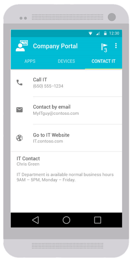 Schermopname van Bedrijfsportal app voor Android met een bijgewerkte versie van het tabblad Contact opnemen met IT. Op het tabblad worden de beschikbare contactgegevens voor IT weergegeven, waaronder telefoonnummer, e-mailadres, IT-website en IT-contactgegevens.