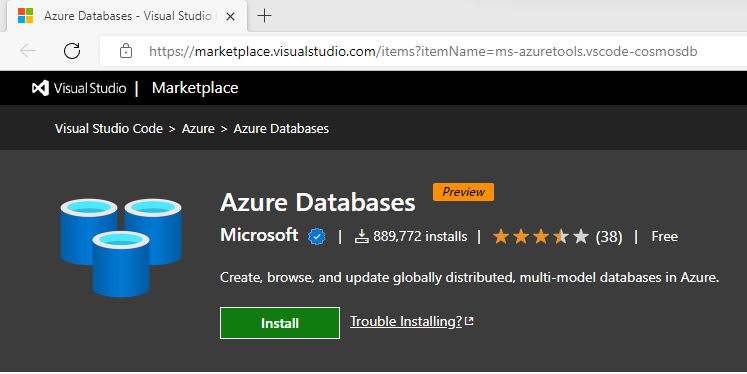 Screenshot of the Azure Databases extension in Visual Studio Code marketplace