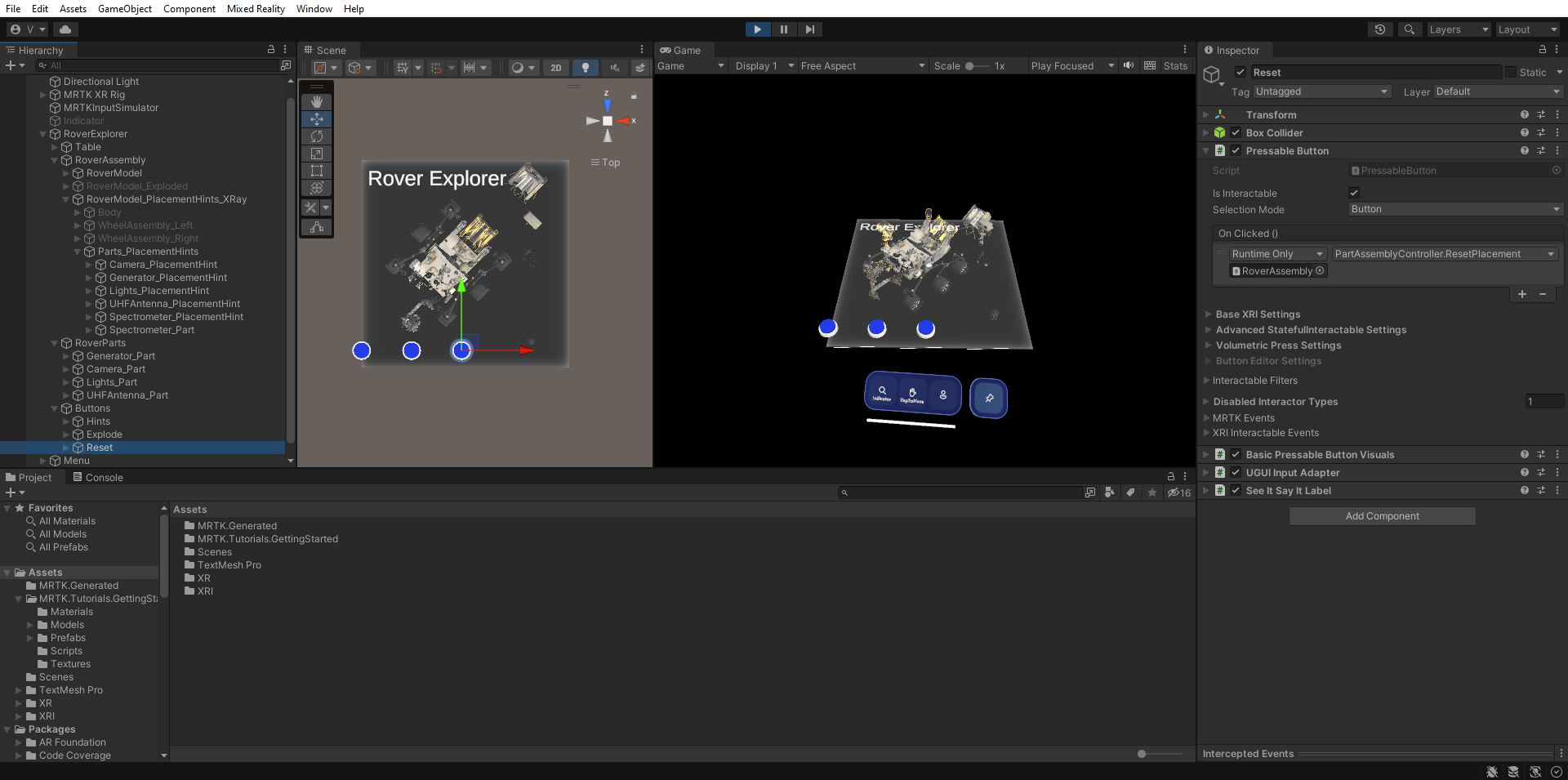 Screenshot of Unity Play mode split view with Reset button being pressed.
