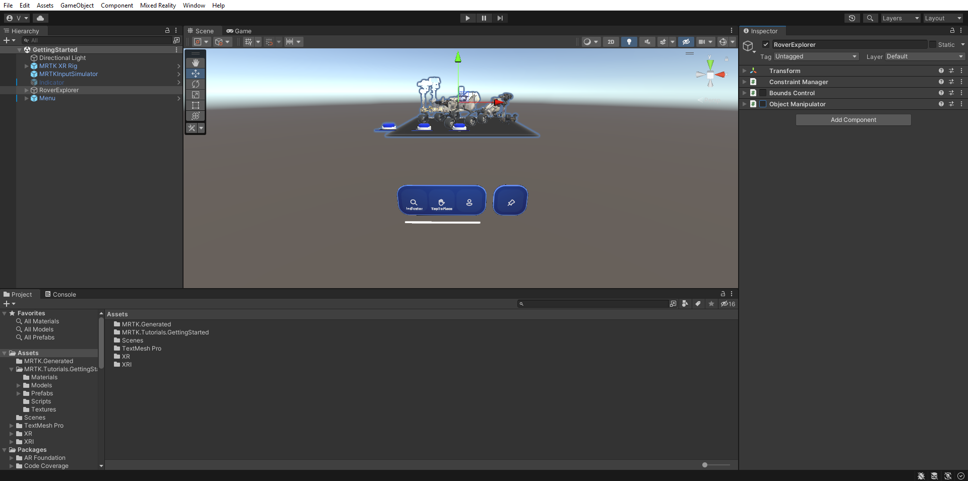Screenshot of Unity with RoverExplorer object selected and components added and disabled.