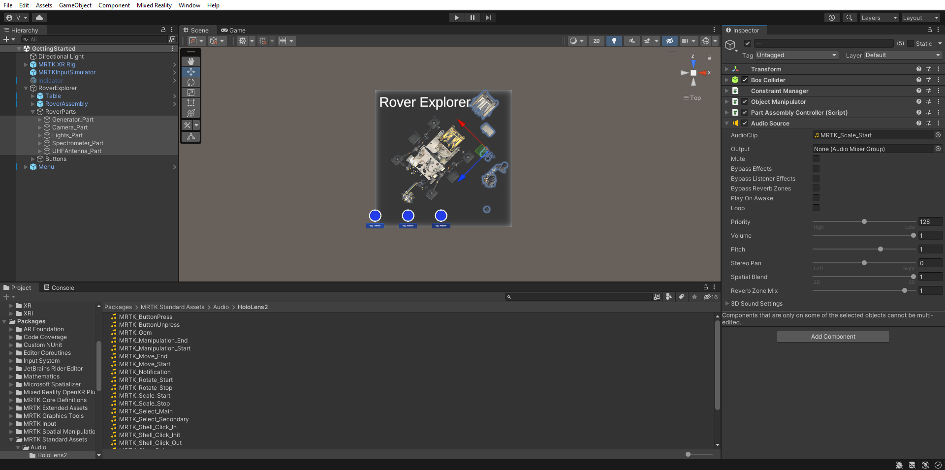 Screenshot of Unity with all rover parts selected and Audio Source component added and configured.
