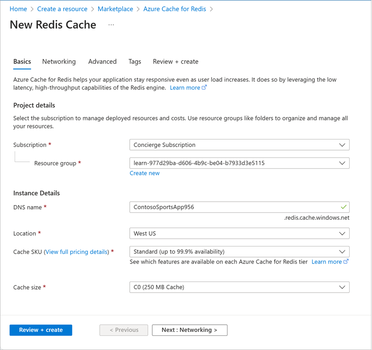 Configureer een Azure Cache voor Redis in Azure Portal.