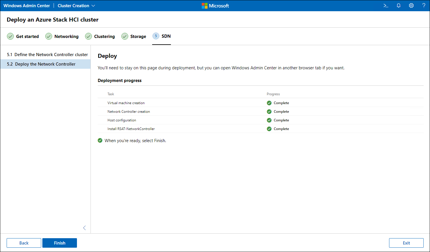 Windows Admin Center Deploy the Network Controller pane with the deployment completed.