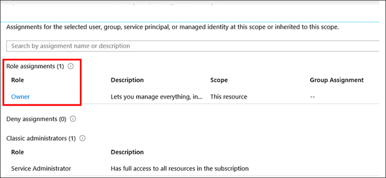 Screenshot of the Access control (IAM) blade shown for a subscription in the Azure portal. The screenshot shows the permissions assigned to the account, with the Owner role highlighted with a red border.