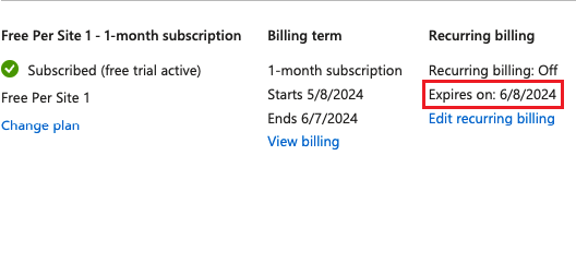 Screenshot showing the date the subscription will expire.