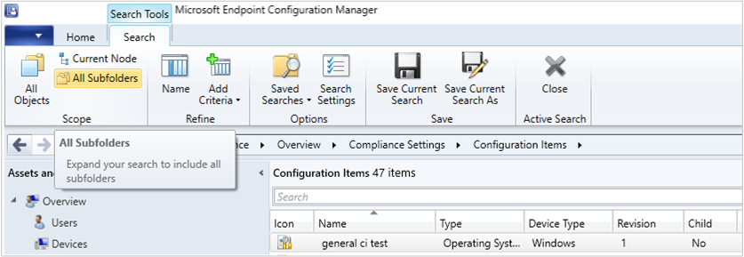 Schermopname van Configuration Manager console, knooppunt Configuratie-items, tabblad Zoeken