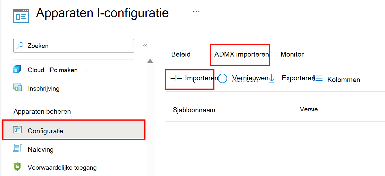 Schermopname die laat zien hoe u aangepaste ADMX en ADML toevoegt of importeert. Ga naar Apparaten > Configuratieprofielen > ADMX importeren in Microsoft Intune en het Intune-beheercentrum.