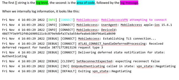 Schermopname van een voorbeeld van een Microsoft Tunnel-logboekuitvoer in Xcode op een macOS-apparaat.