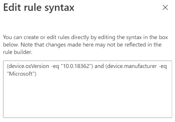 Schermopname die laat zien hoe u de opbouwfunctie voor expressies gebruikt om de regelsyntaxis in te voeren in Microsoft Intune.