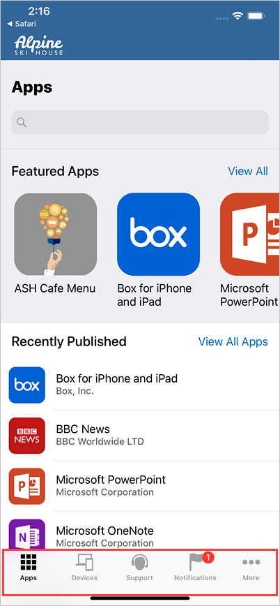Afbeelding van Bedrijfsportal voor iOS, waarbij de voormalige pictogrammen worden gemarkeerd.