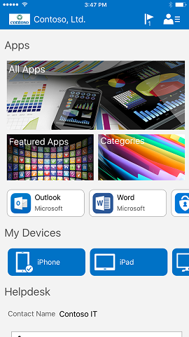Een afbeelding van de Bedrijfsportal-app voor iOS van vóór de update, met vooraf ingestelde opvulafbeeldingen voor 'Alle apps', 'Aanbevolen apps' en 'categorieën'.