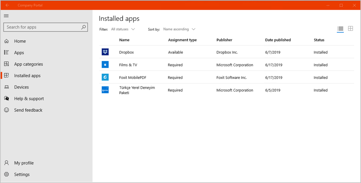Voorbeeldschermopname van de Bedrijfsportal-app voor Windows 10, pagina Geïnstalleerde apps.