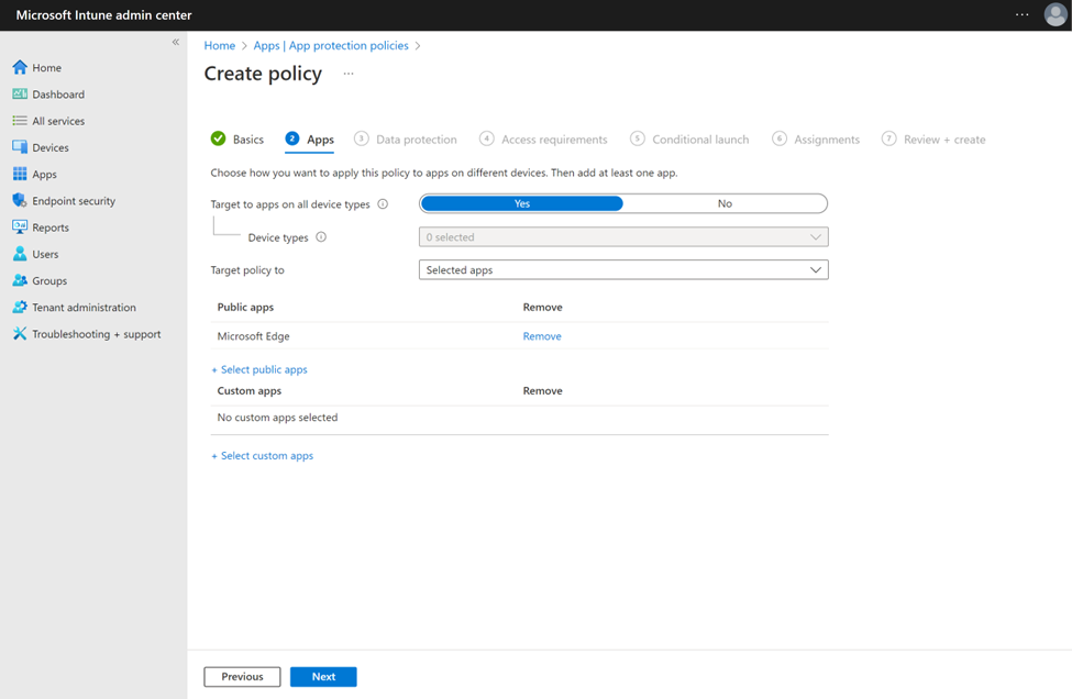 Schermafbeelding van het configureren van een app-beveiligingsbeleid met Microsoft Edge als een openbare app.
