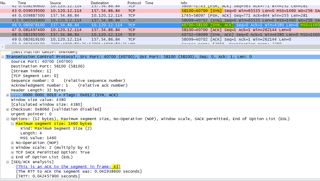 Tracering gefilterd in Wireshark door tcp.options.mss voor Max Segment Size (MSS).