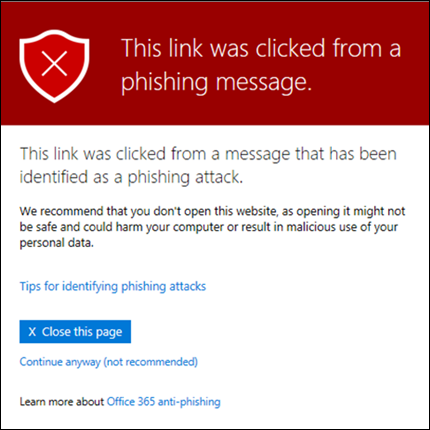 De waarschuwing dat er op een koppeling is geklikt vanuit een phishingbericht