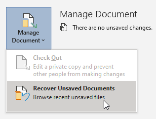 Een schermafbeelding toont de optie Document beheren, met Niet-opgeslagen documenten herstellen geselecteerd.