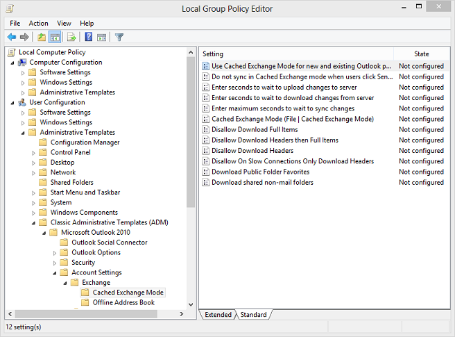Schermopname van de Editor groepsbeleid Management waarin de instelling voor opslaan in cache in Outlook wordt bepaald.