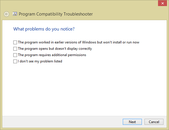 Schermopname van de selectie van problemen in de compatibiliteitsmodus van Outlook 2013.