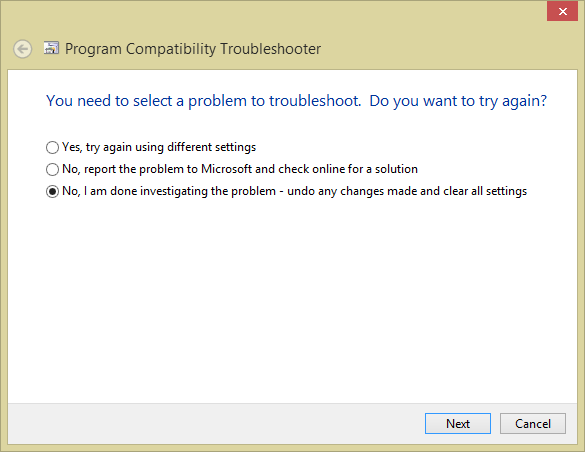 Schermopname van de optie probeer het opnieuw in de compatibiliteitsmodus van Outlook 2013.