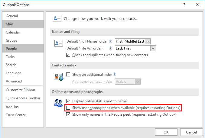 Schermopname van de optie Gebruikersfoto's weergeven op het tabblad Mensen van Outlook-opties.