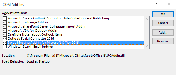 Schermopname van de optie Skype-vergadering-invoegtoepassing voor Microsoft Office 2016 in het dialoogvenster COM-invoegtoepassingen.