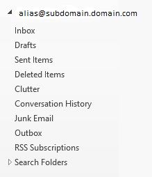 Schermopname van afbeelding 2 met het primaire SMTP-e-mailadres dat in Outlook wordt weergegeven, wordt naar verwachting gewijzigd in alias@subdomain.domain.com als het primaire SMTP-e-mailadres van de gebruiker wordt gewijzigd.