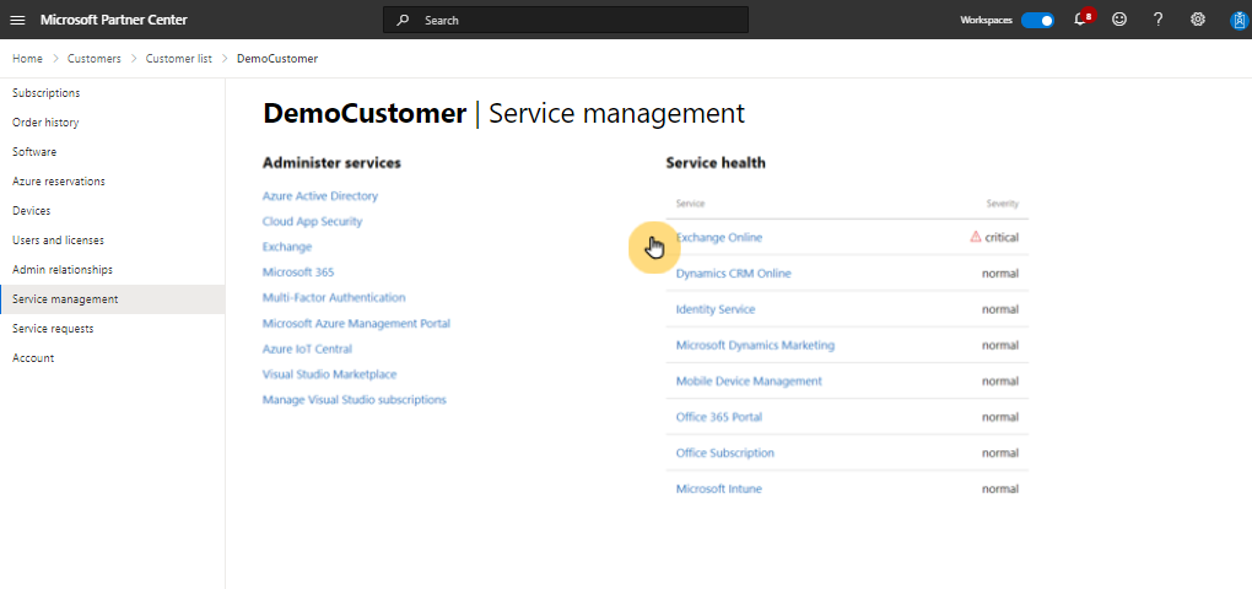 Screenshot depicting customer service management page.