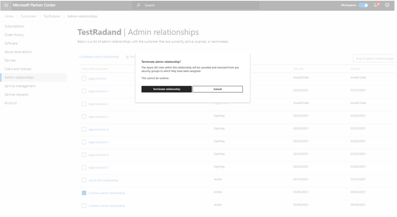 Screenshot depicting the terminate relationships page.