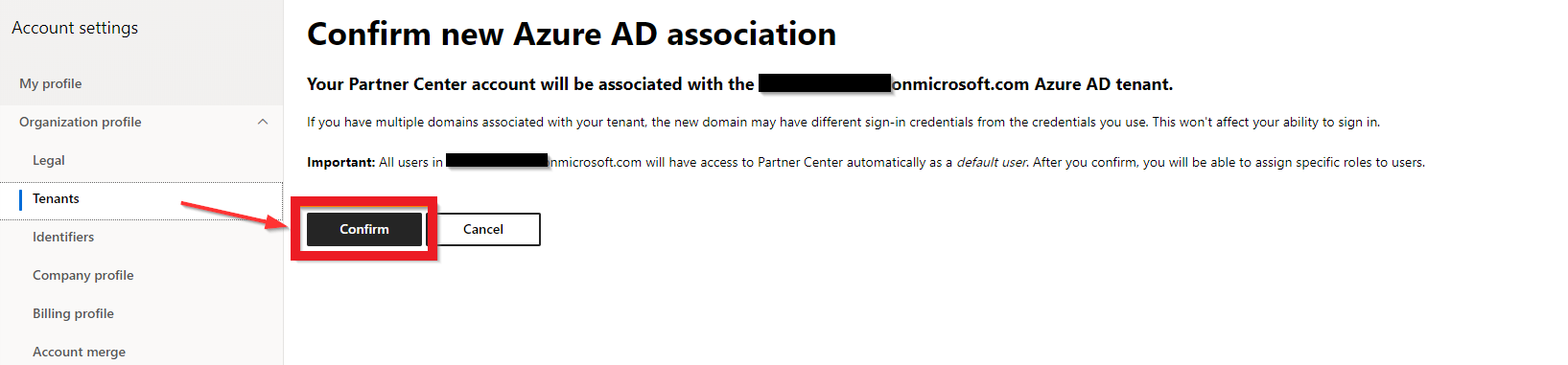 Screenshot of the Confirm button on the Confirm new Azure AD association pane.
