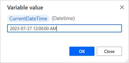 Schermopname van datum-/tijdvariabele die wordt gewijzigd in de viewer voor variabelewaarden.