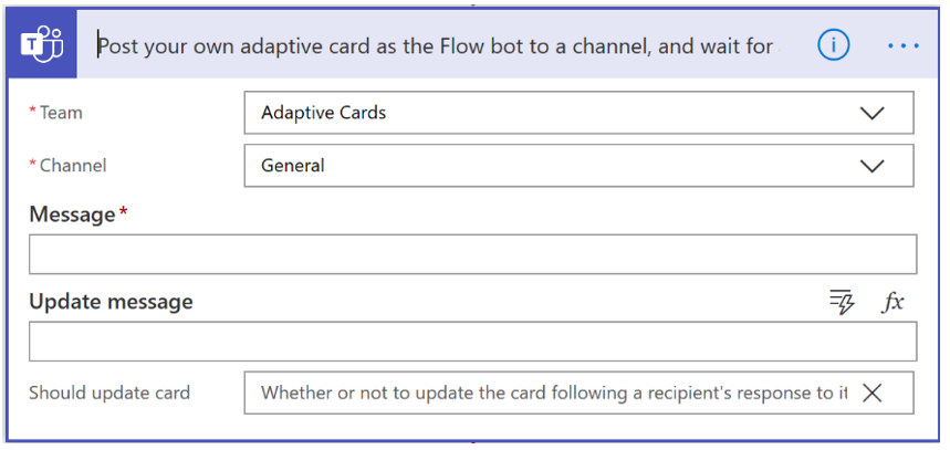 Adaptieve kaart als de Flow-bot posten op een Teams-kanaal en wachten op een respons.