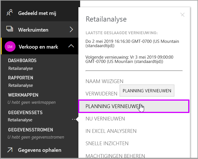 Screenshot shows selecting Schedule refresh from the navigation pane.