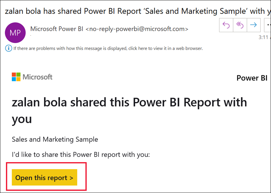 Schermopname van Power BI-service met een e-mailbericht dat wordt verzonden vanuit powerbi.com.