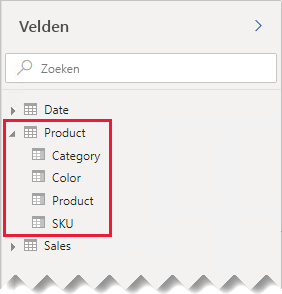 The Fields pane shows both tables expanded, and the columns are listed as fields with Product called out.
