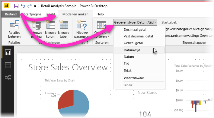 Screenshot of Power BI Desktop showing the Modeling tab with the Data Type filter selected.