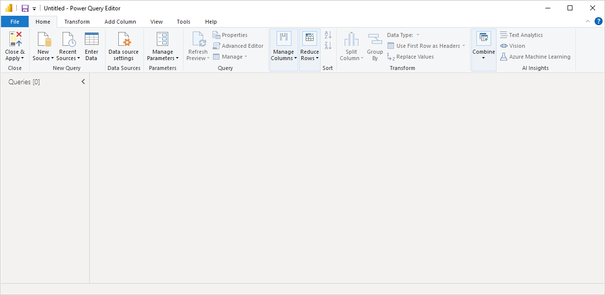 Screenshot of Power B I Desktop showing Power Query Editor with no data connections.
