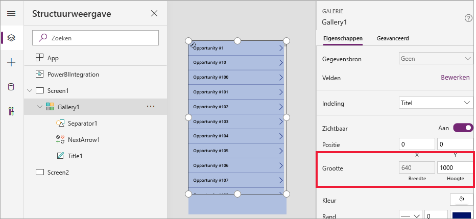 Screenshot showing how to change gallery dimensions.