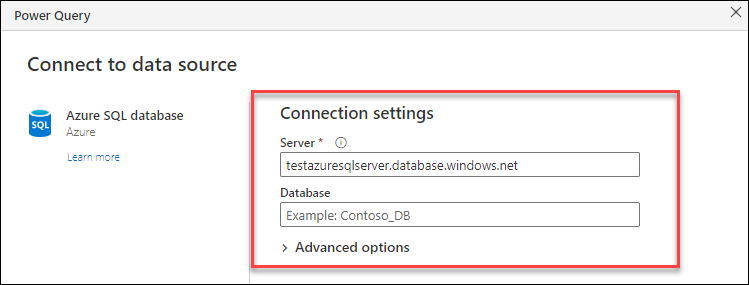 Verbinding maken ion-instellingen van de Azure SQL Server Database-connector waarbij de enige vereiste instelling de servernaam is.