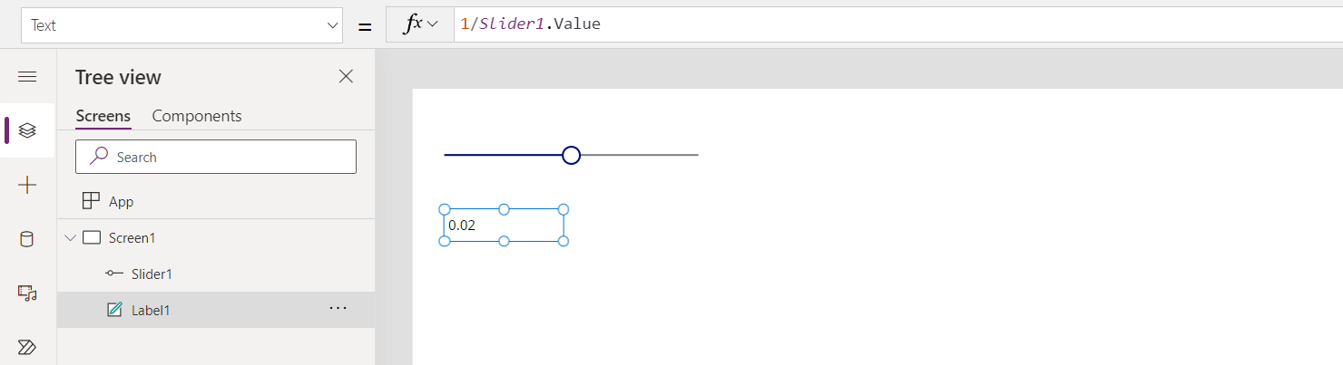 Besturingselementen Label en Slider gebonden via de formule Label1.Text = 1/Slider1.Value.