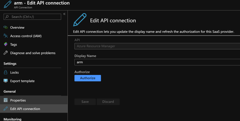 Screen shot of Azure Resource Manager Edit API Connection screen