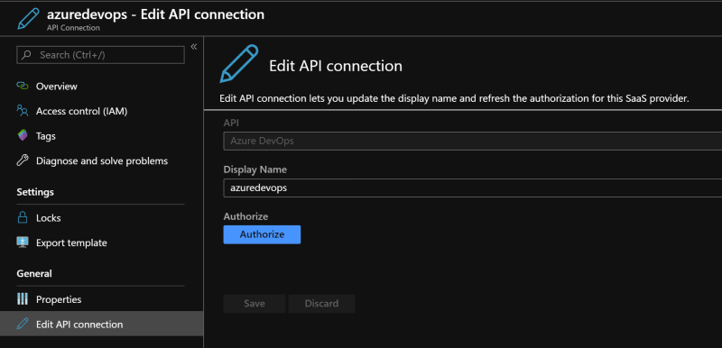 Screen shot of Azure DevOps Edit API Connection screen