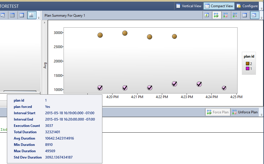 Screenshot of the Query Store showing a plan summary.