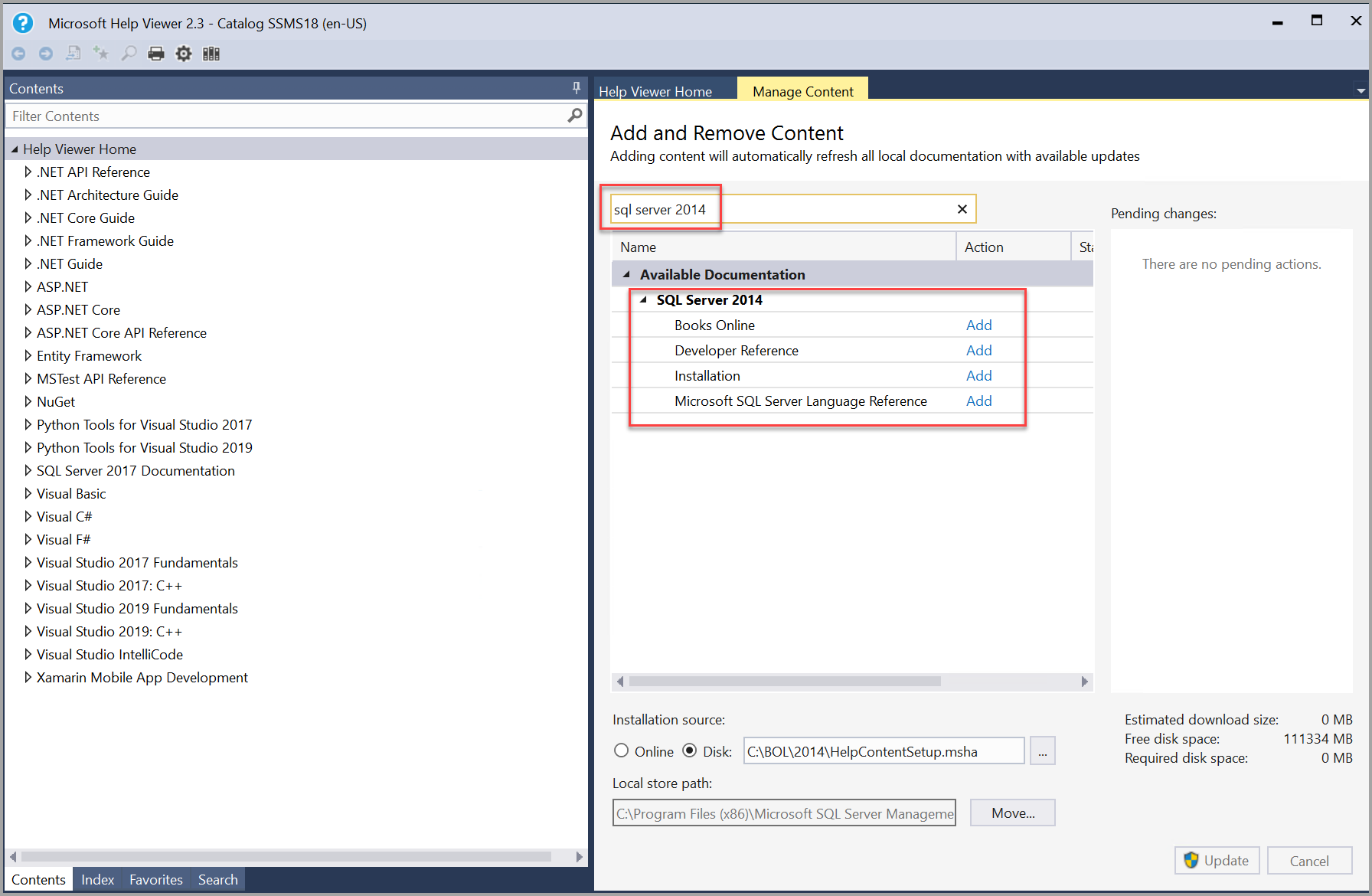 SQL Server 2014 books search in Help Viewer